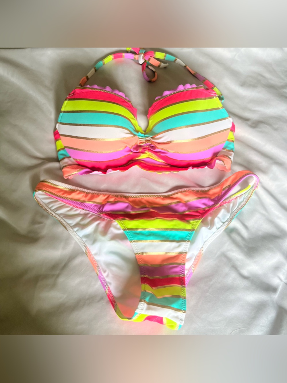 Victoria's Secret Neon Multicolor Striped Bikini 36C/ Large size Bottoms